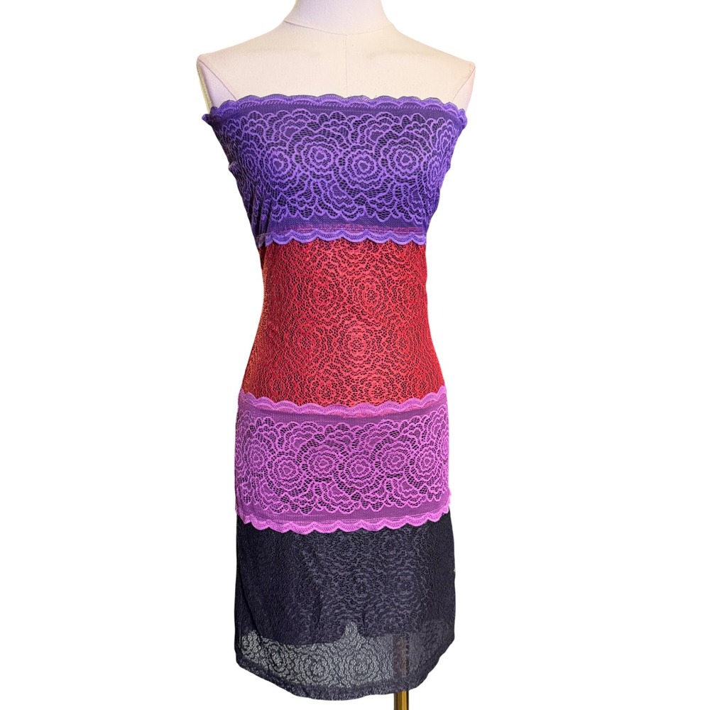 Vintage Y2K Multi Color Block Floral Lace Tube Dress Bodycon Whimsigoth S/M